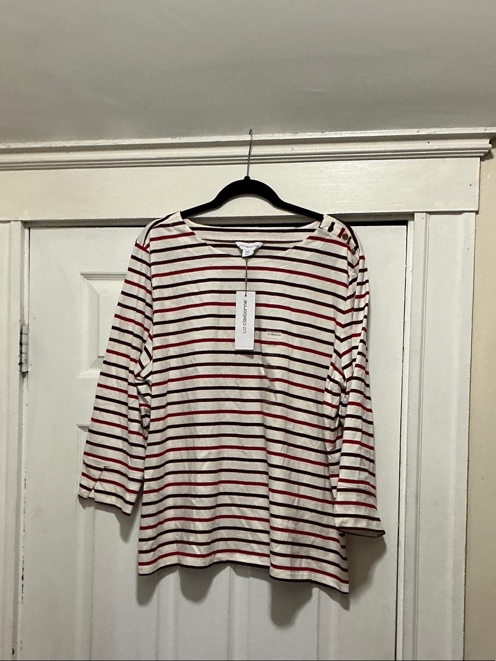 Liz Claiborne Cream and Red Striped 3/4 Sleeve Tee